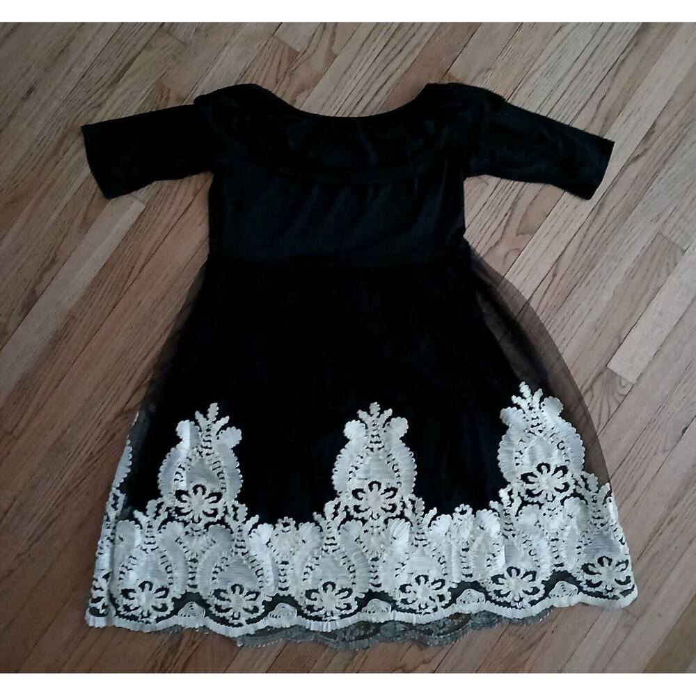 Black Cocktail Party Dress Women's XL Embroidered Damask Pattern Tool Overlay